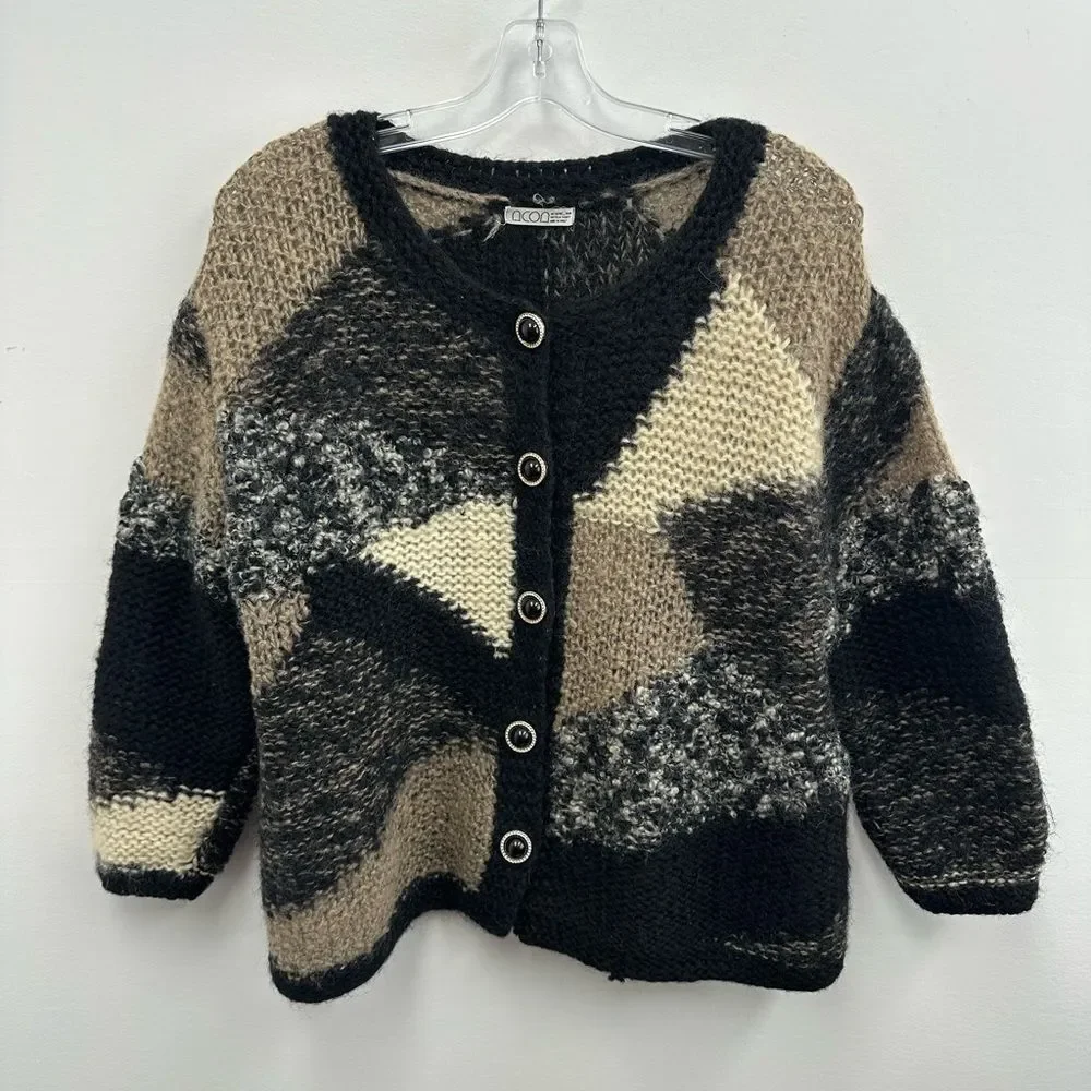 Vintage Black & Cream Wool Chunky Knit Cardigan Round Neck Large Buttons Size M
